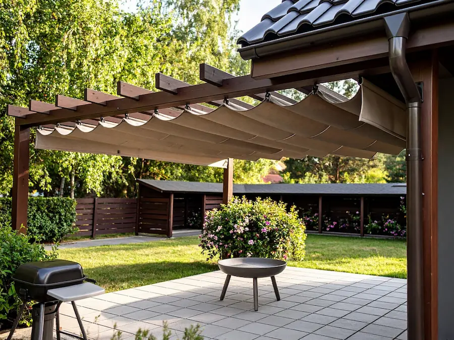 Detail řísmkých rolet instalovaných na pergole