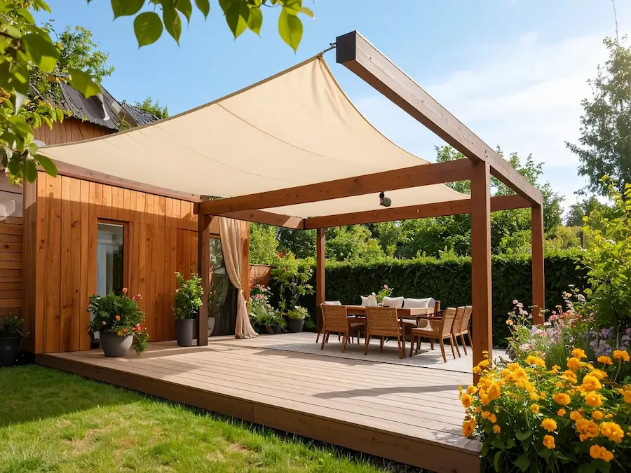 Dřevěná pergola se stínící plachtou