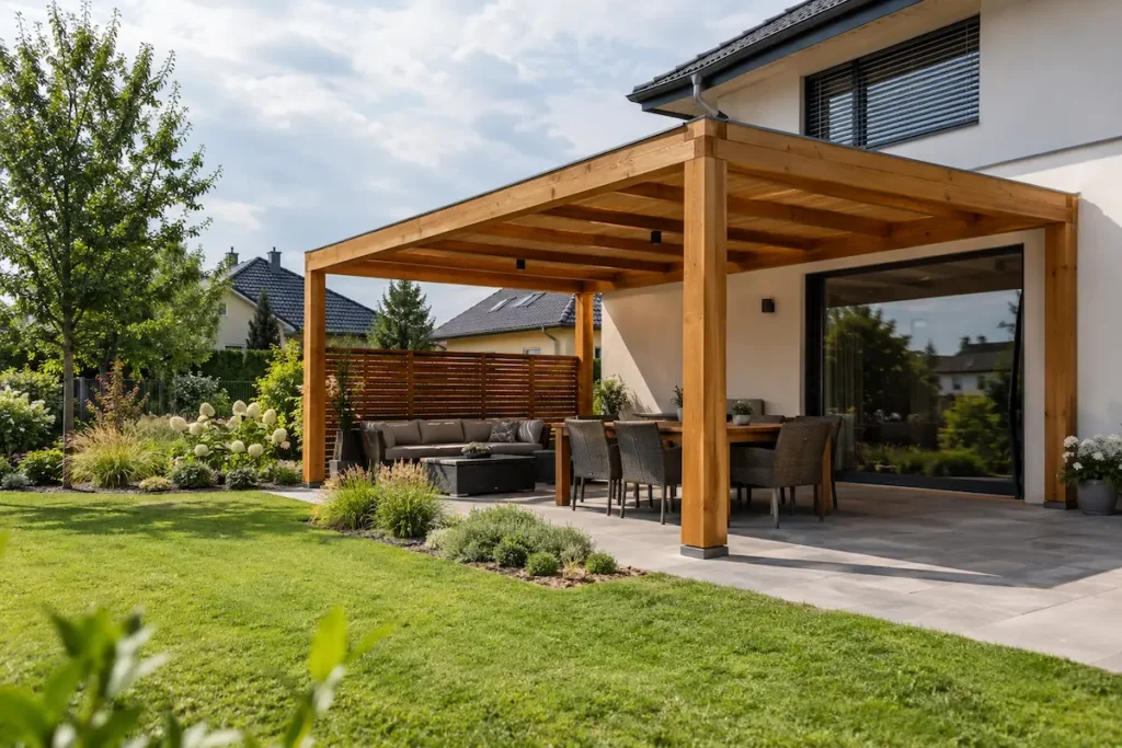 Dřevěná pergola na zahradě rodinného domu